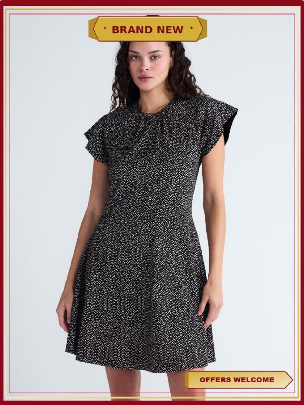 Women's Mini Dress Flutter Sleeves Front Waist W-Shape Pockets Size M